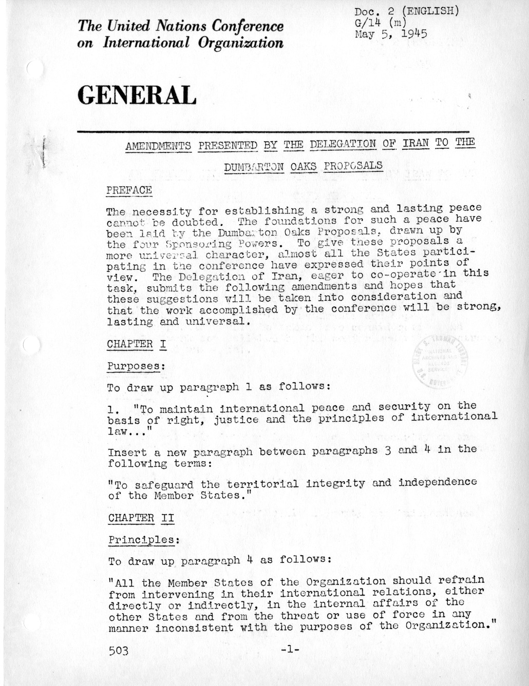 Report, Comments and Proposed Amendments Concerning the Dumbarton Oaks Proposals, Submitted by the Delegations to the United Nations Conference on International Organization