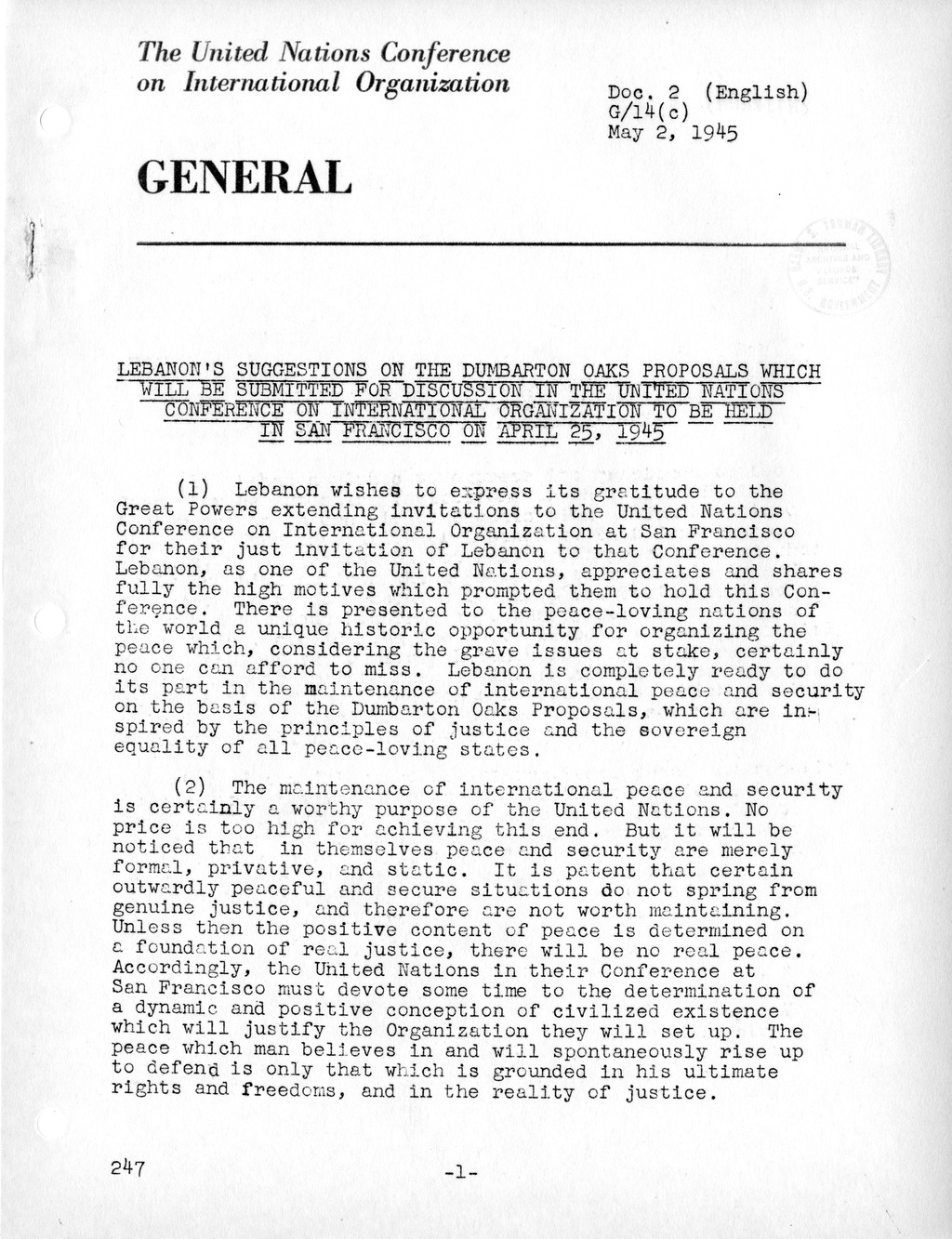 Report, Comments and Proposed Amendments Concerning the Dumbarton Oaks Proposals, Submitted by the Delegations to the United Nations Conference on International Organization