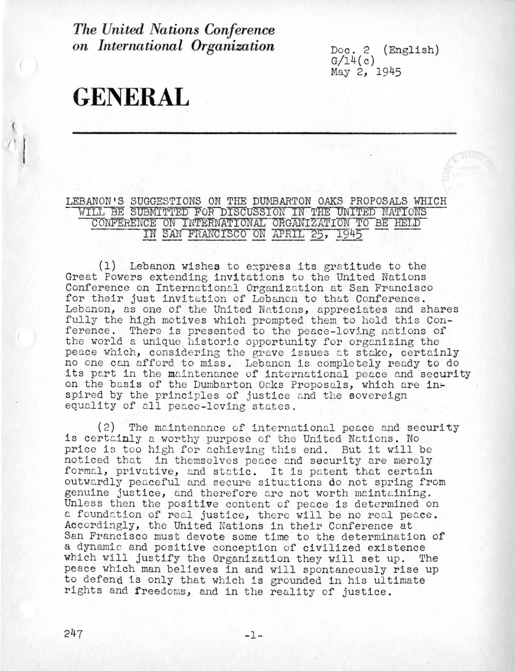 Report, Comments and Proposed Amendments Concerning the Dumbarton Oaks Proposals, Submitted by the Delegations to the United Nations Conference on International Organization