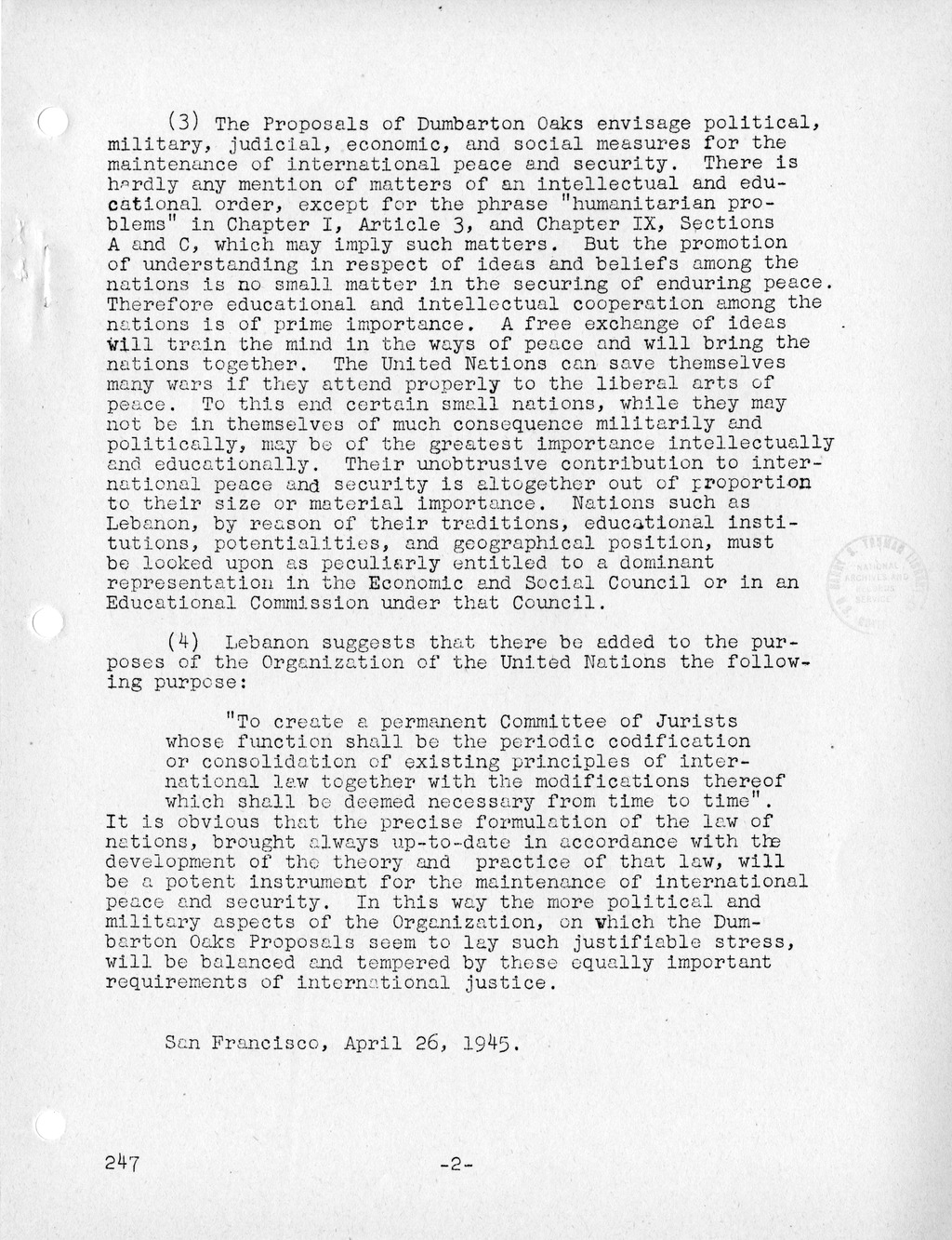 Report, Comments and Proposed Amendments Concerning the Dumbarton Oaks Proposals, Submitted by the Delegations to the United Nations Conference on International Organization