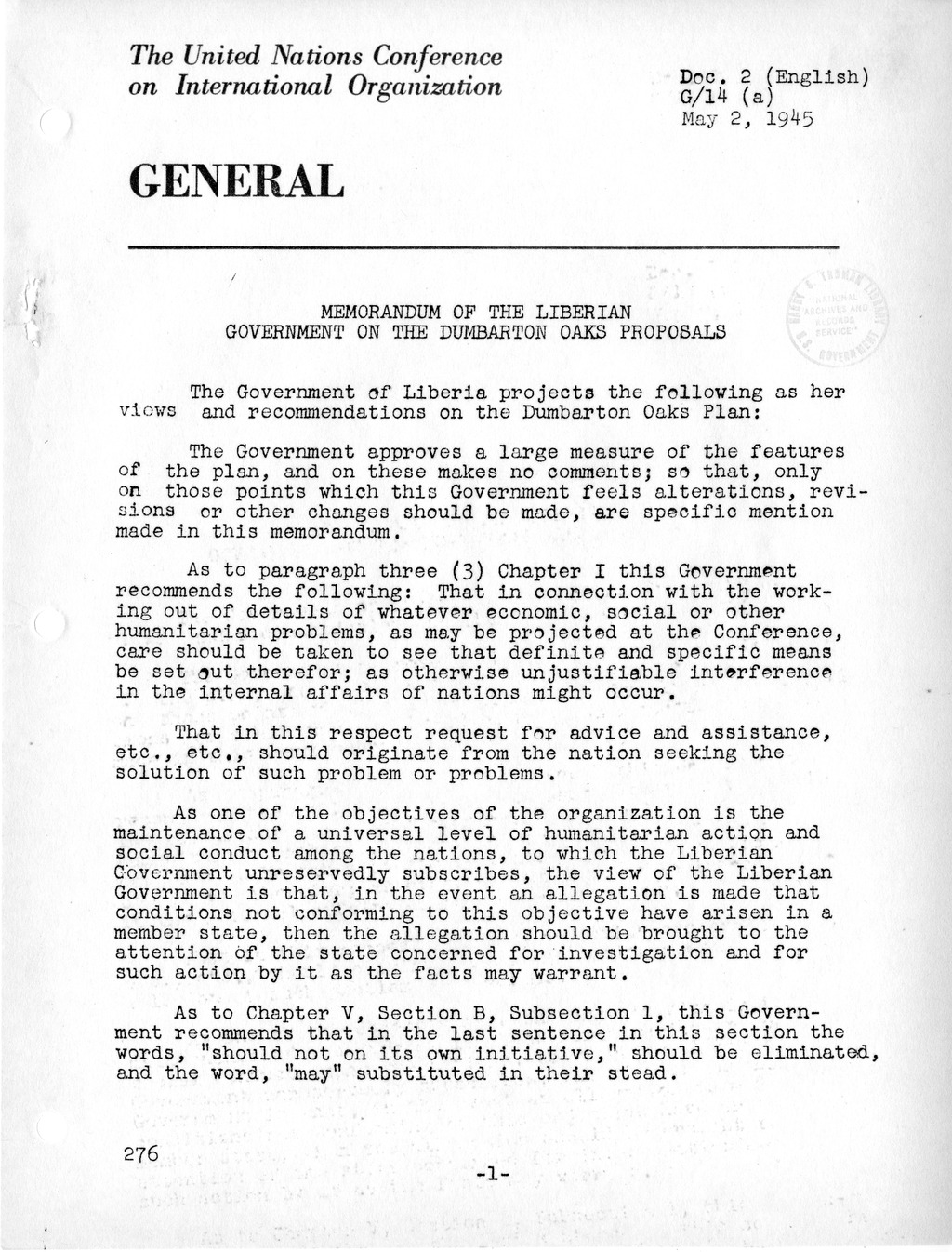 Report, Comments and Proposed Amendments Concerning the Dumbarton Oaks Proposals, Submitted by the Delegations to the United Nations Conference on International Organization