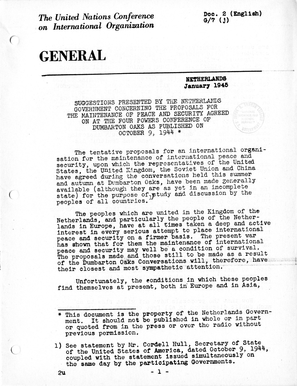 Report, Comments and Proposed Amendments Concerning the Dumbarton Oaks Proposals, Submitted by the Delegations to the United Nations Conference on International Organization