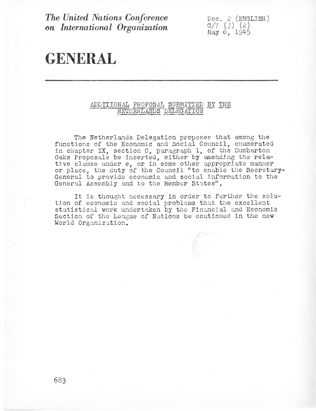 Report, Comments and Proposed Amendments Concerning the Dumbarton Oaks Proposals, Submitted by the Delegations to the United Nations Conference on International Organization