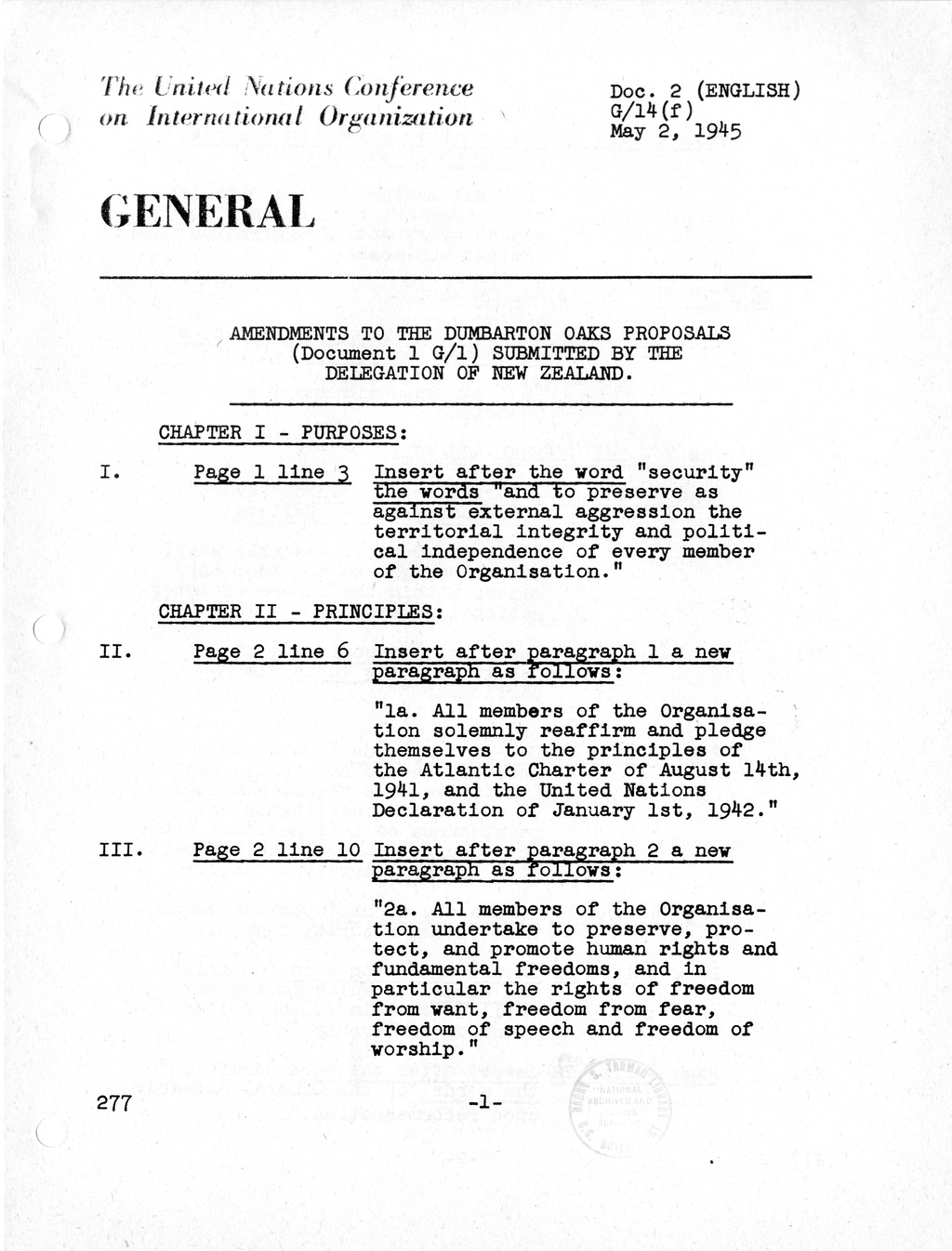Report, Comments and Proposed Amendments Concerning the Dumbarton Oaks Proposals, Submitted by the Delegations to the United Nations Conference on International Organization