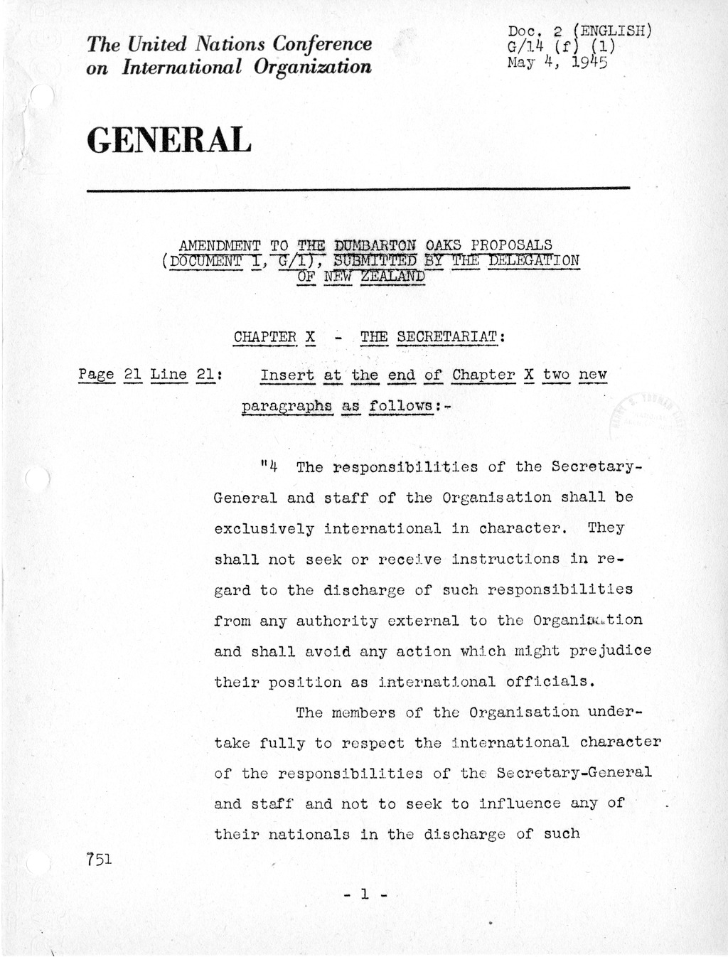 Report, Comments and Proposed Amendments Concerning the Dumbarton Oaks Proposals, Submitted by the Delegations to the United Nations Conference on International Organization