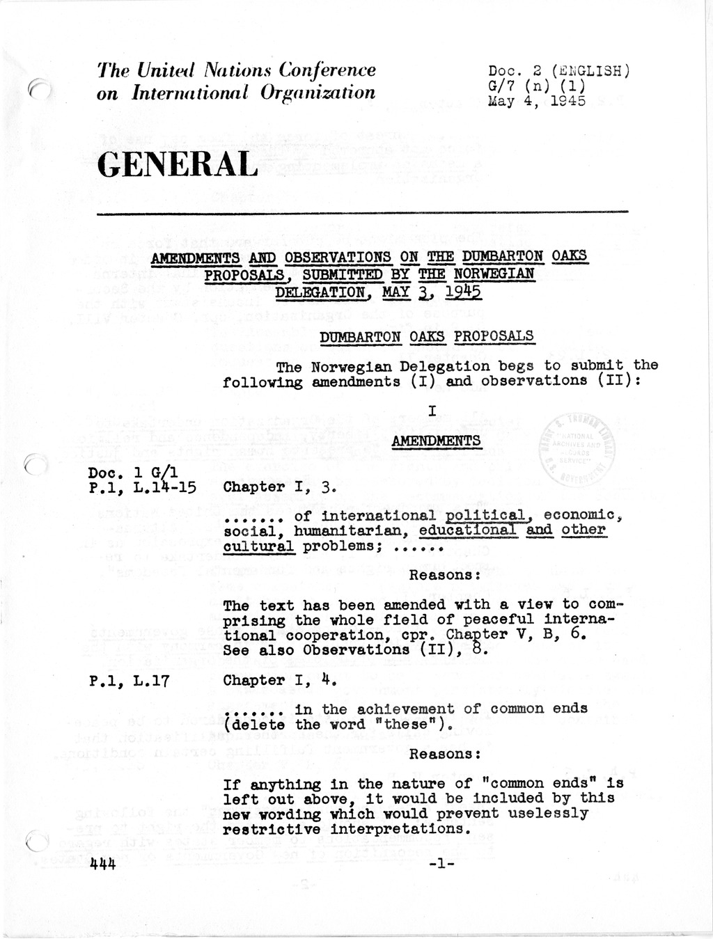 Report, Comments and Proposed Amendments Concerning the Dumbarton Oaks Proposals, Submitted by the Delegations to the United Nations Conference on International Organization
