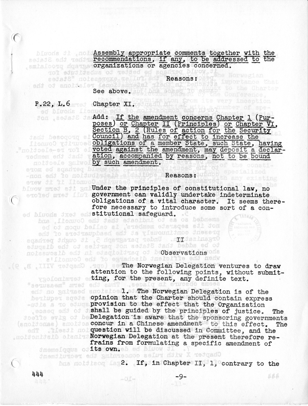 Report, Comments and Proposed Amendments Concerning the Dumbarton Oaks Proposals, Submitted by the Delegations to the United Nations Conference on International Organization