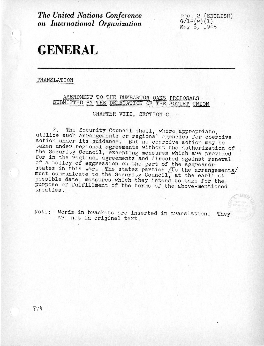 Report, Comments and Proposed Amendments Concerning the Dumbarton Oaks Proposals, Submitted by the Delegations to the United Nations Conference on International Organization