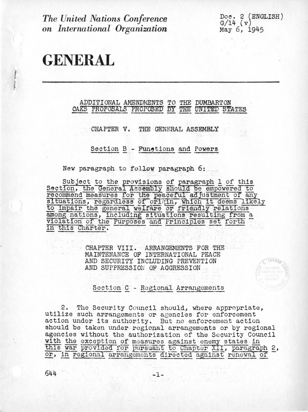 Report, Comments and Proposed Amendments Concerning the Dumbarton Oaks Proposals, Submitted by the Delegations to the United Nations Conference on International Organization