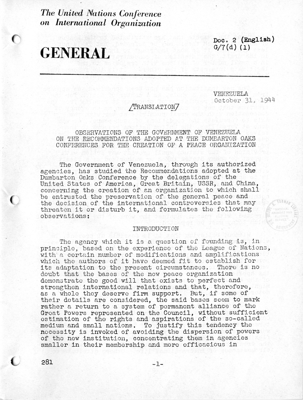 Report, Comments and Proposed Amendments Concerning the Dumbarton Oaks Proposals, Submitted by the Delegations to the United Nations Conference on International Organization