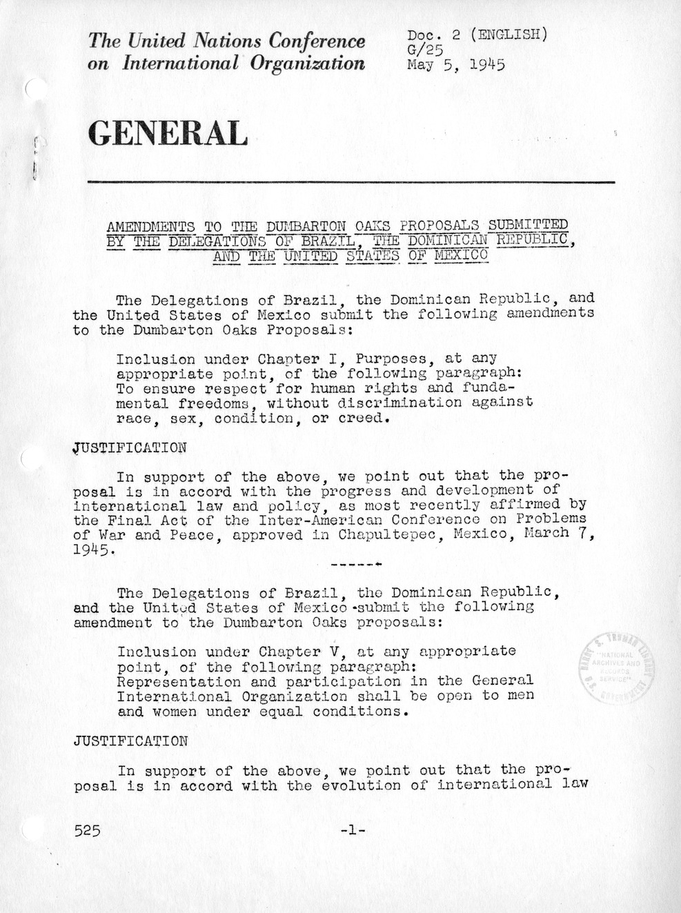 Report, Comments and Proposed Amendments Concerning the Dumbarton Oaks Proposals, Submitted by the Delegations to the United Nations Conference on International Organization