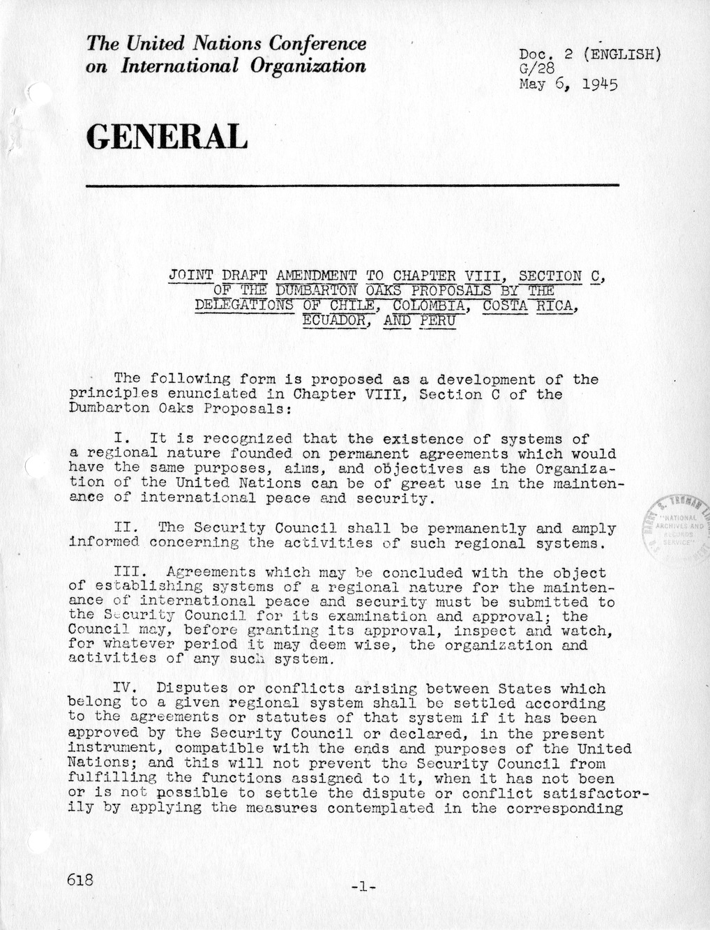 Report, Comments and Proposed Amendments Concerning the Dumbarton Oaks Proposals, Submitted by the Delegations to the United Nations Conference on International Organization