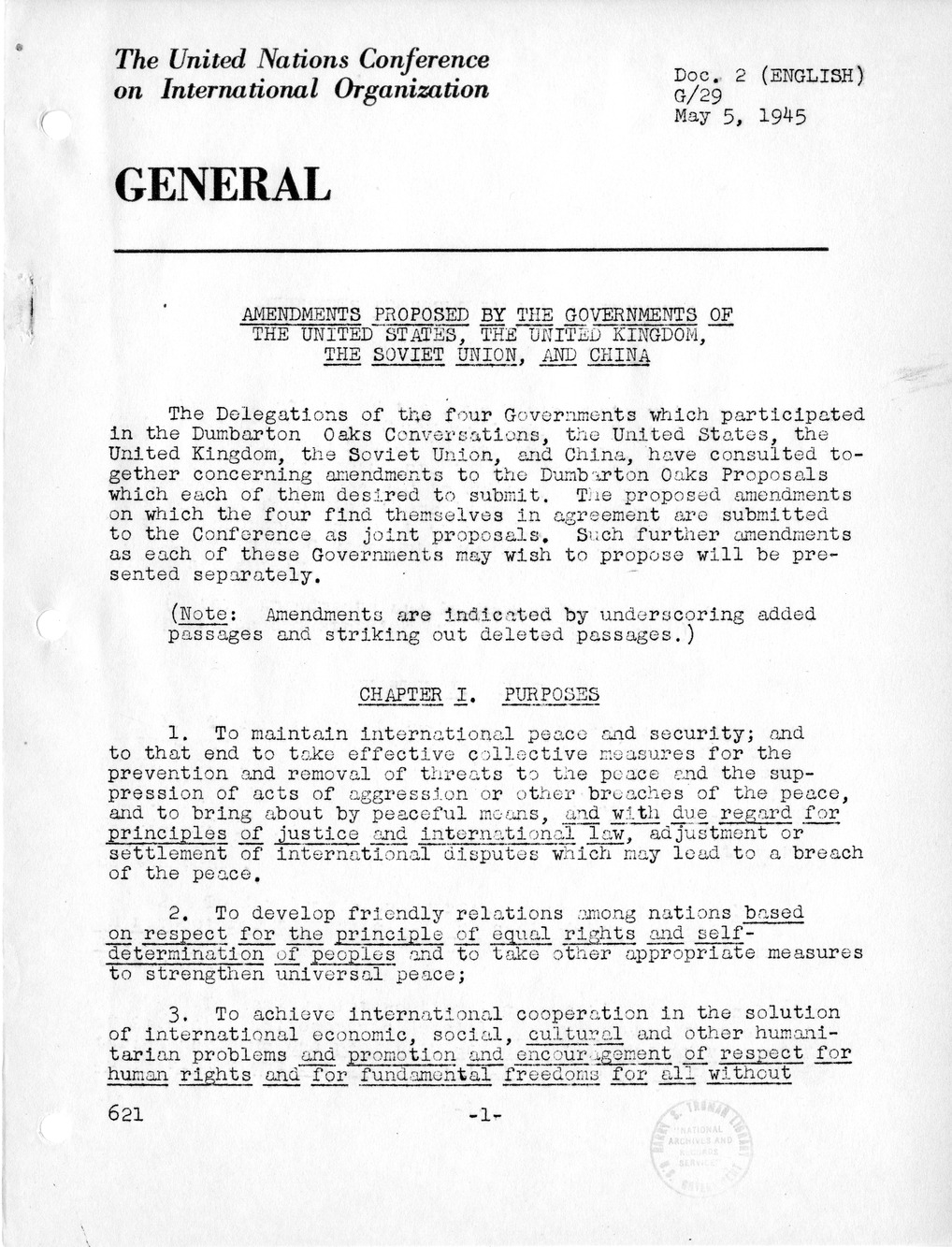 Report, Comments and Proposed Amendments Concerning the Dumbarton Oaks Proposals, Submitted by the Delegations to the United Nations Conference on International Organization