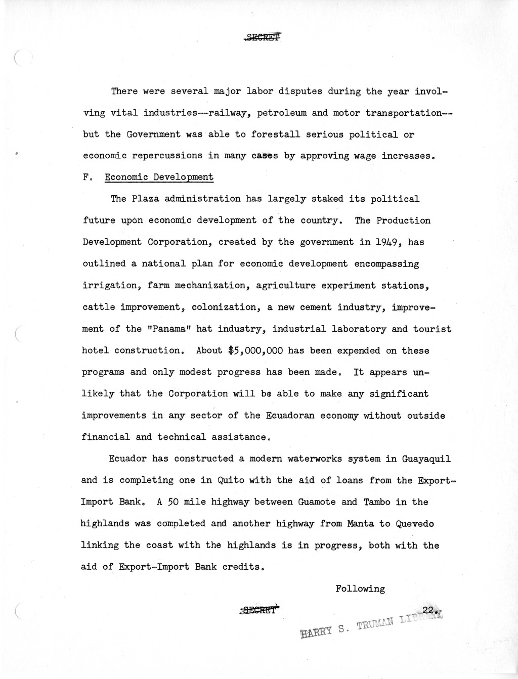 Report, Background Memoranda on Visit to the United States of Galo Plaza, President of the Republic of Ecuador