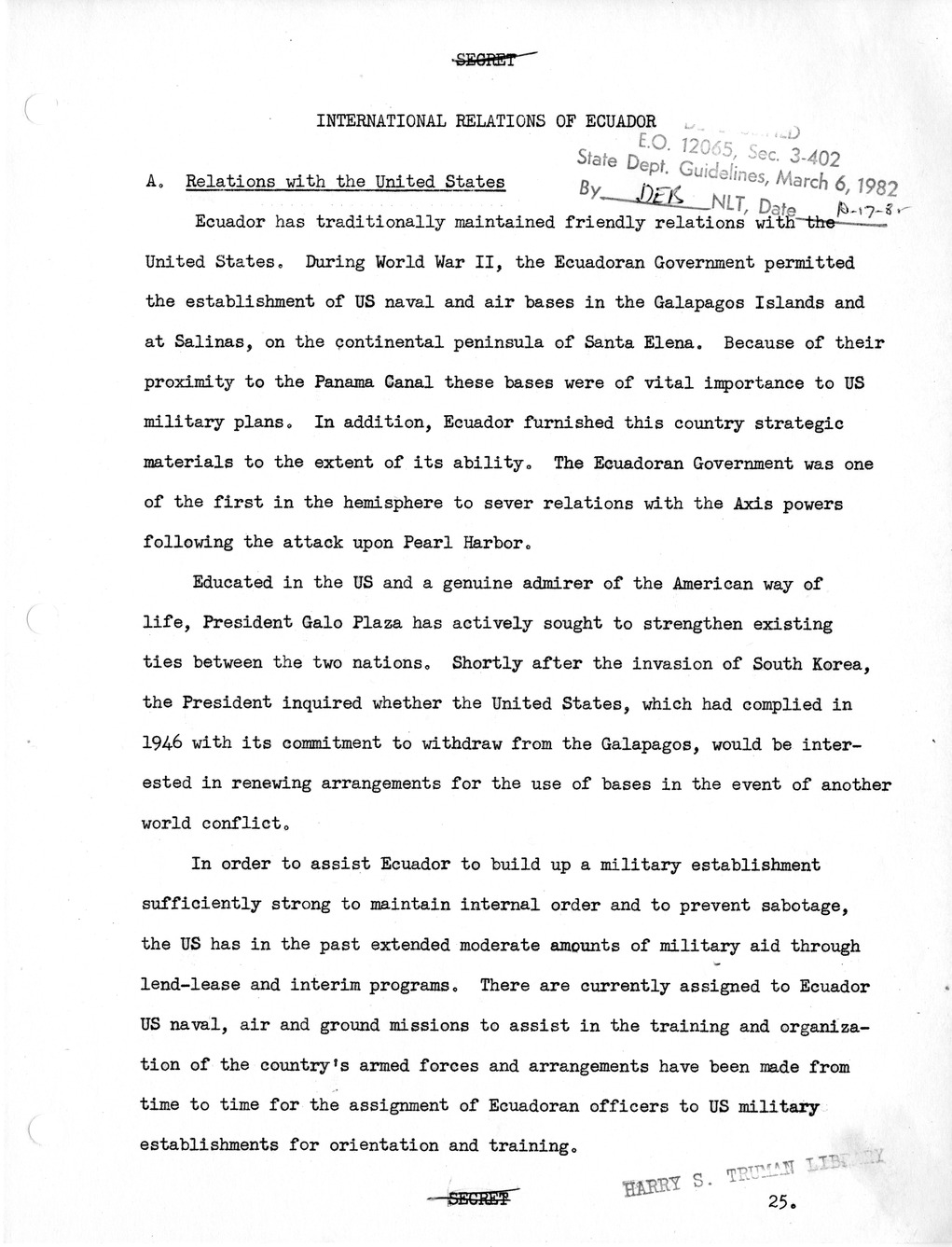 Report, Background Memoranda on Visit to the United States of Galo Plaza, President of the Republic of Ecuador