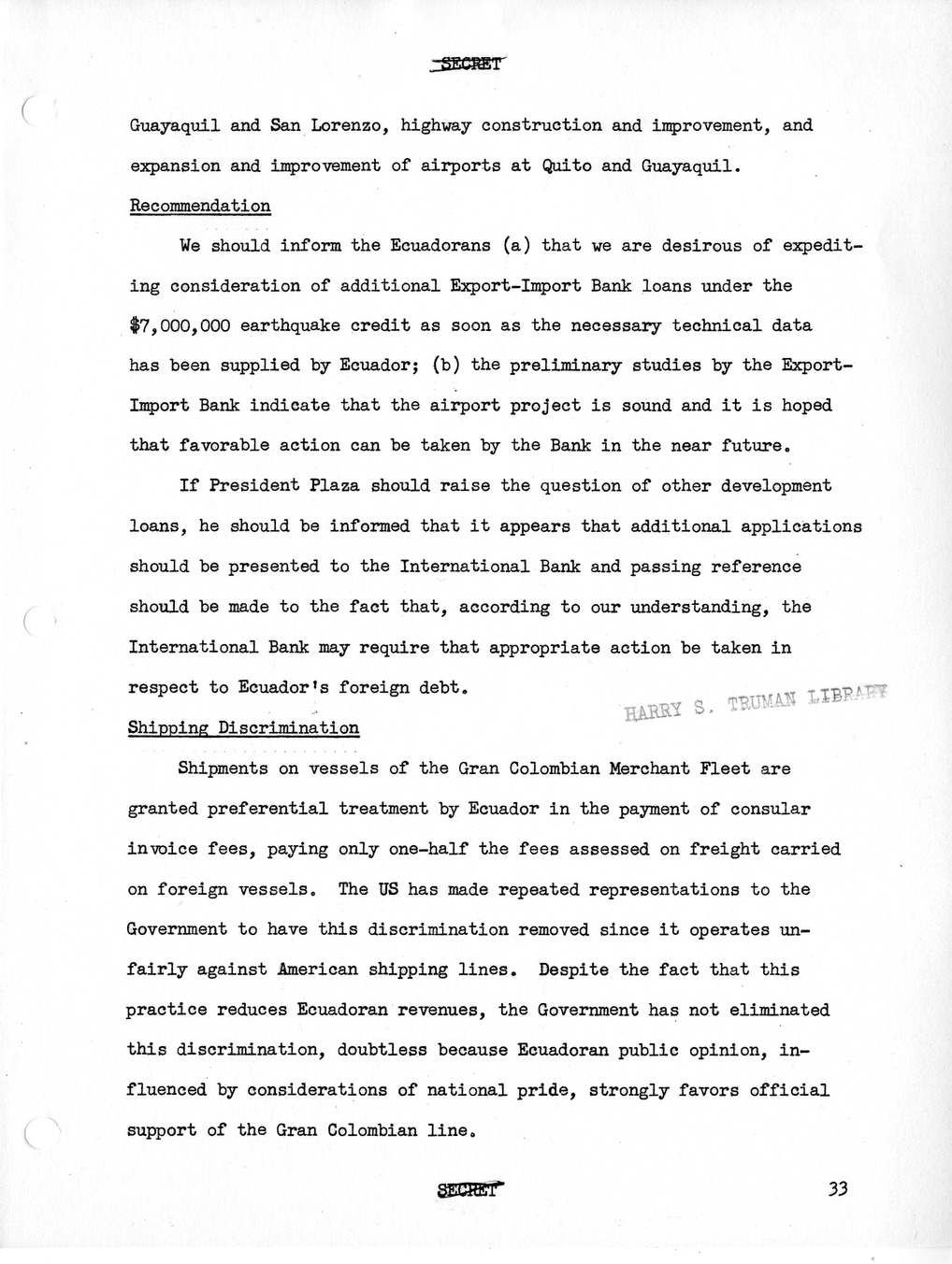 Report, Background Memoranda on Visit to the United States of Galo Plaza, President of the Republic of Ecuador