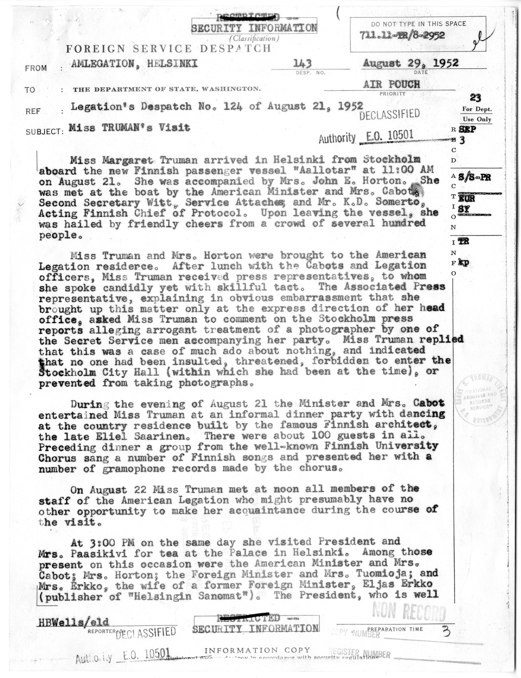 Foreign Service Despatch from H. Bartlett Wells to Department of State , with Attached Memorandum