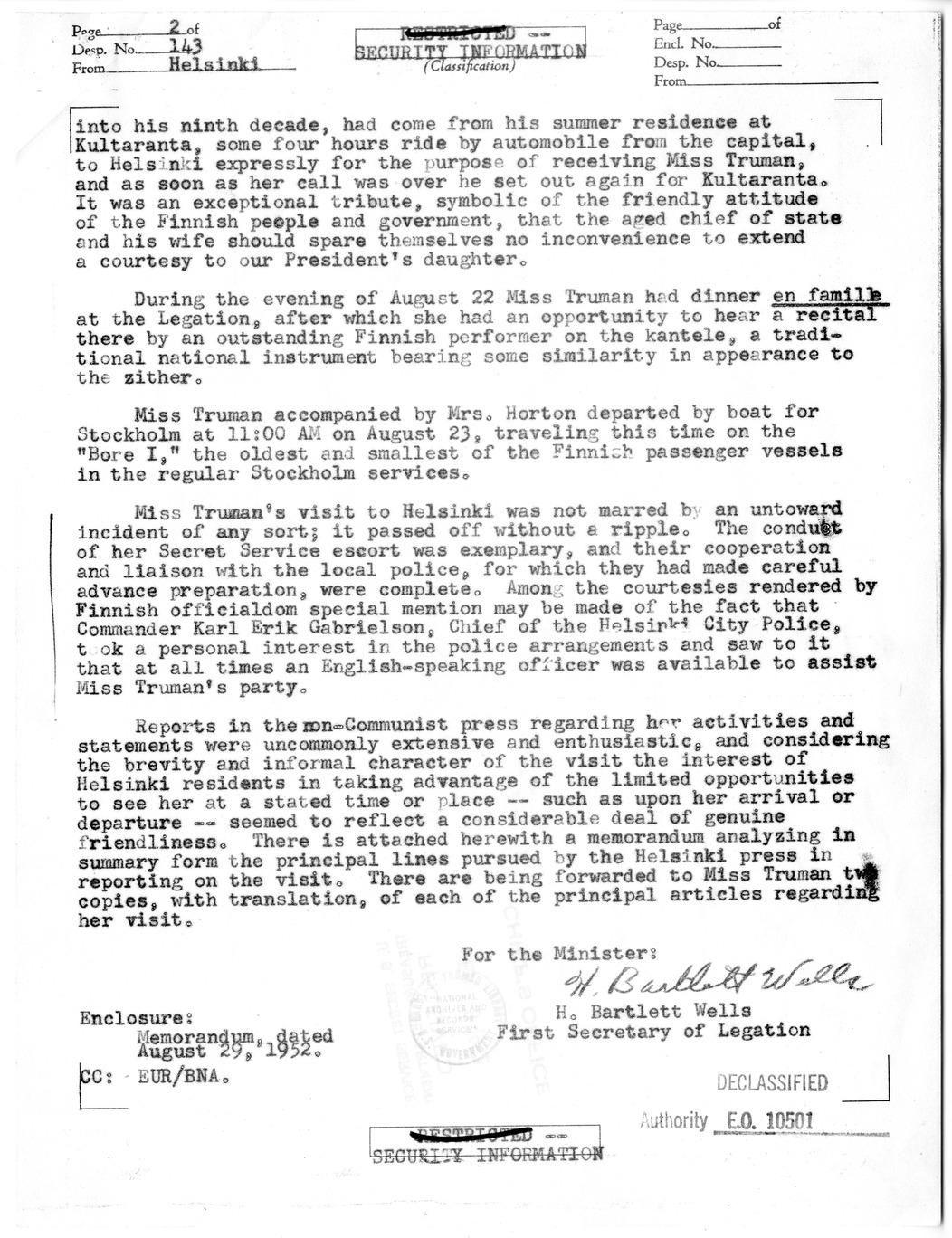 Foreign Service Despatch from H. Bartlett Wells to Department of State , with Attached Memorandum