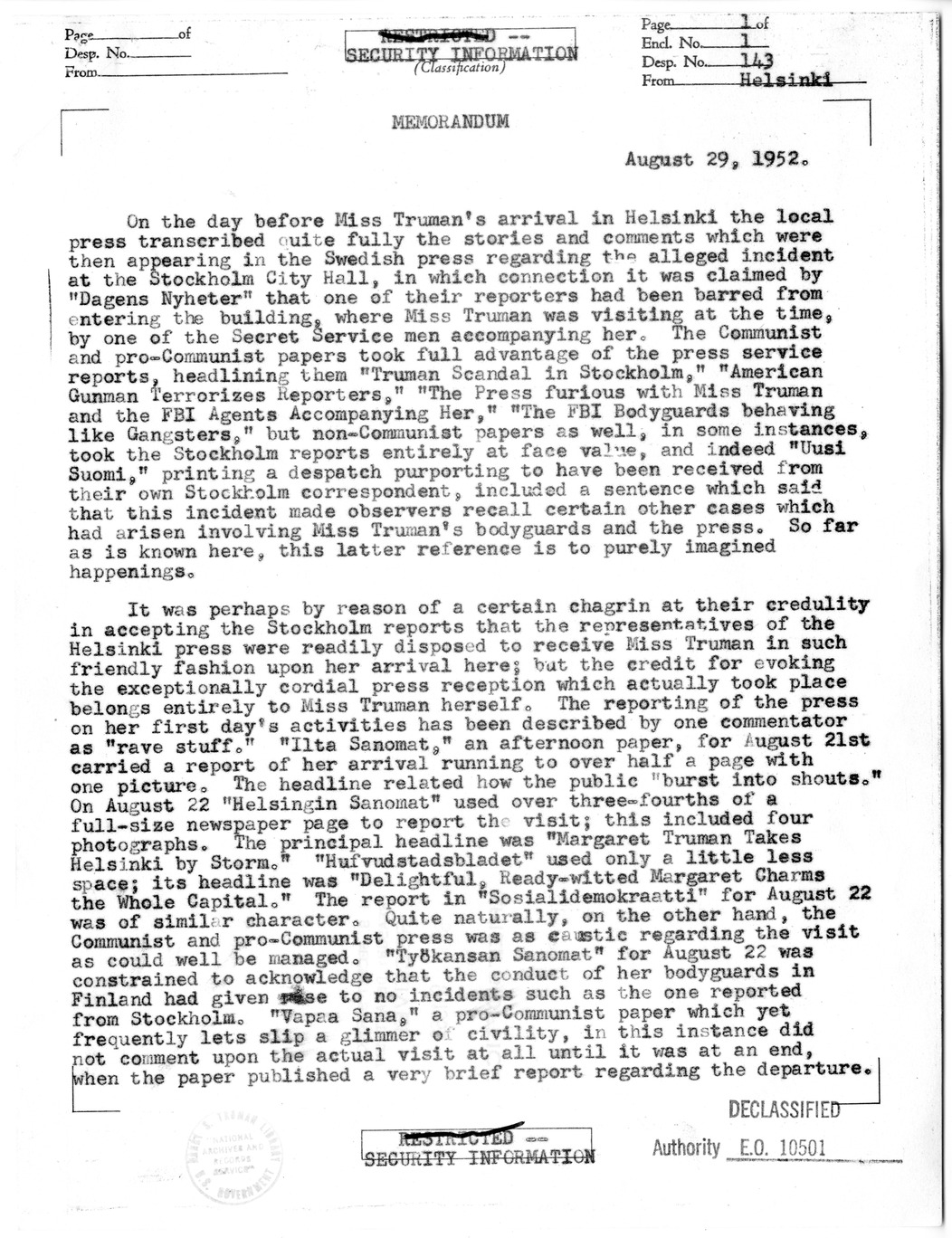 Foreign Service Despatch from H. Bartlett Wells to Department of State , with Attached Memorandum
