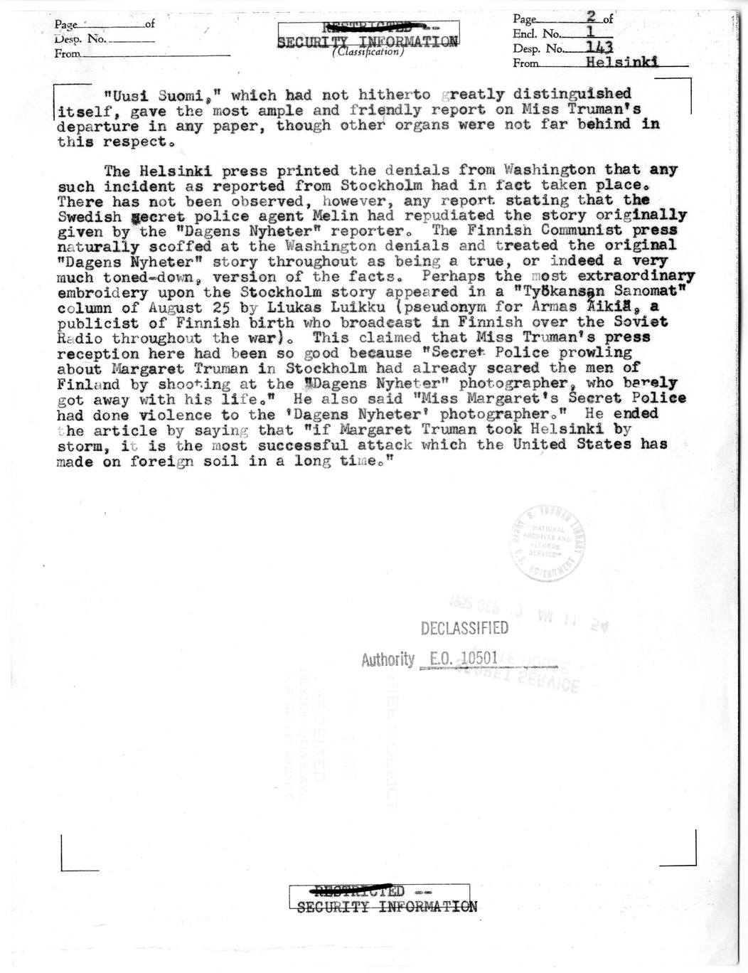 Foreign Service Despatch from H. Bartlett Wells to Department of State , with Attached Memorandum