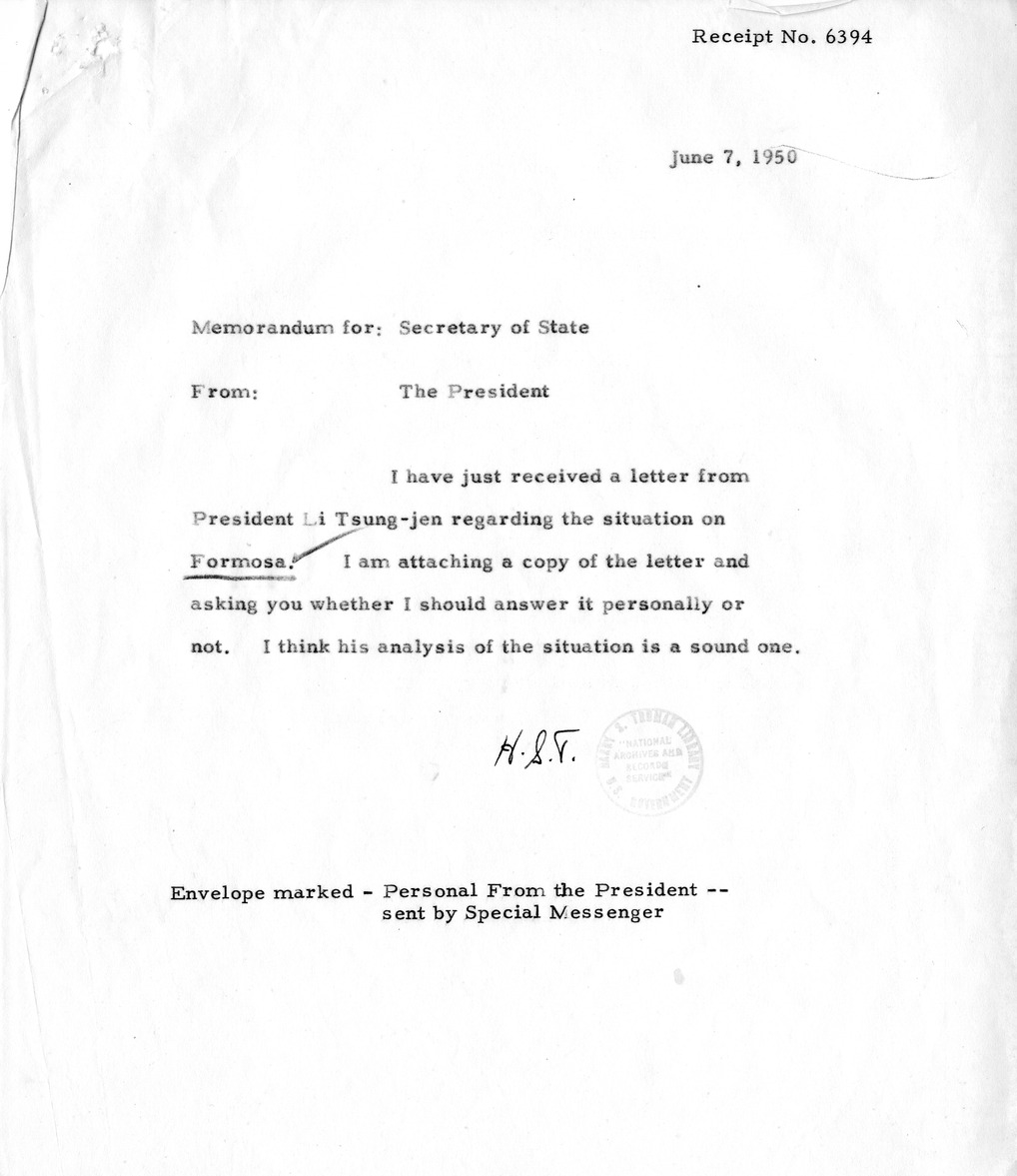 Memorandum from President Harry S. Truman to Secretary of State Dean Acheson with Attached Letter from Li Tsung-jen to President Truman