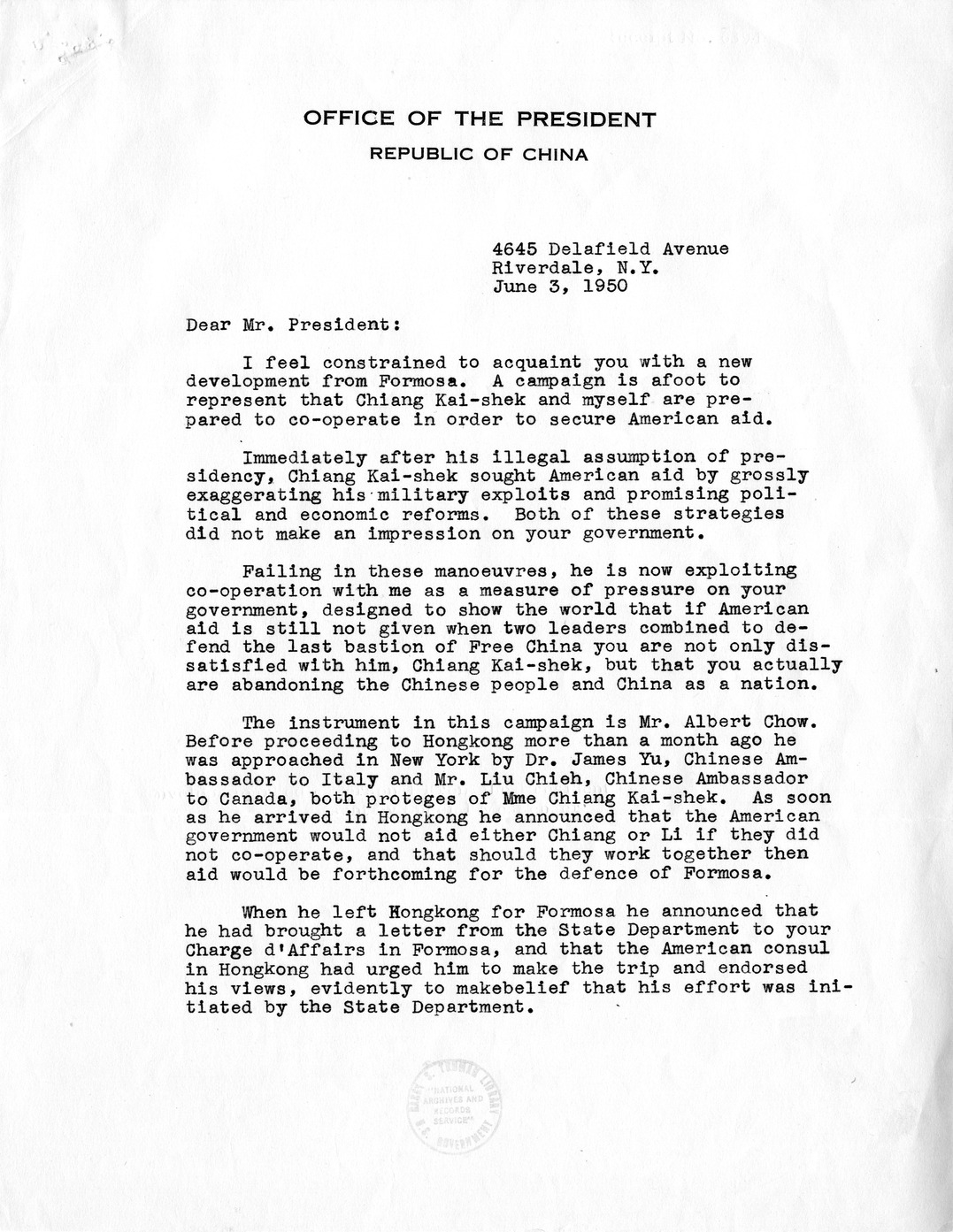 Memorandum from President Harry S. Truman to Secretary of State Dean Acheson with Attached Letter from Li Tsung-jen to President Truman