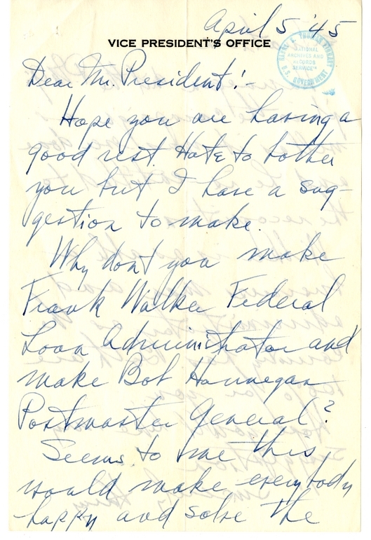 Correspondence Between President Franklin D. Roosevelt and Vice President Harry S. Truman