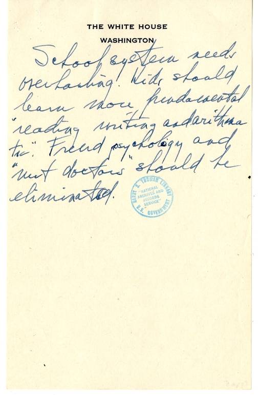 Longhand Note of President Harry S. Truman