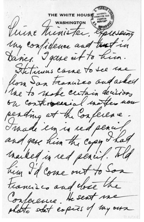 Longhand Note of President Harry S. Truman