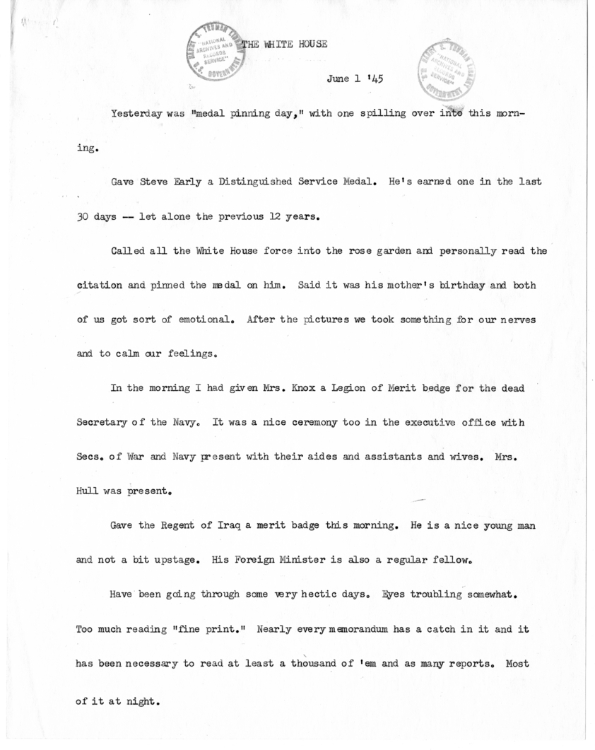 Typed Note of President Harry S. Truman [includes June 1, 4, 5, 7, and 13, 1945]