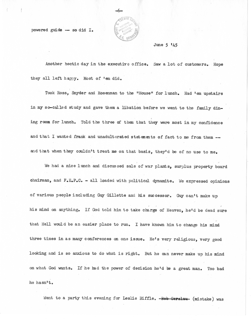 Typed Note of President Harry S. Truman [includes June 1, 4, 5, 7, and 13, 1945]