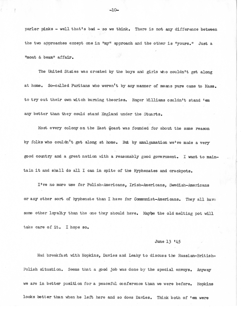 Typed Note of President Harry S. Truman [includes June 1, 4, 5, 7, and 13, 1945]