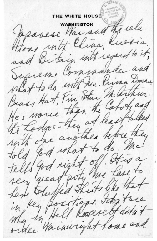 Longhand Note of President Harry S. Truman [includes July 4, 1945]