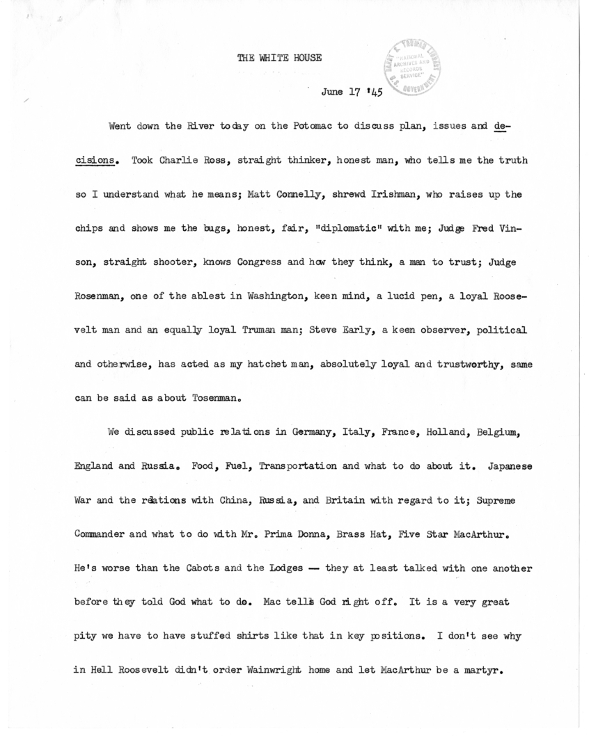 Typed Note of President Harry S. Truman