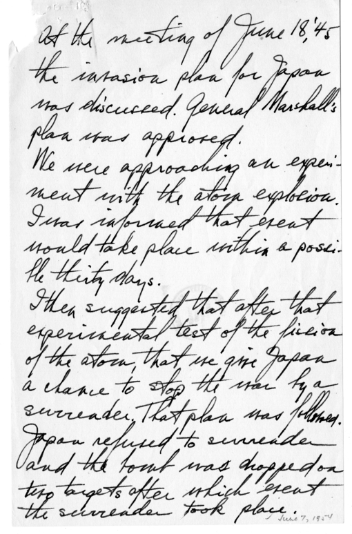 Longhand Note of President Harry S. Truman