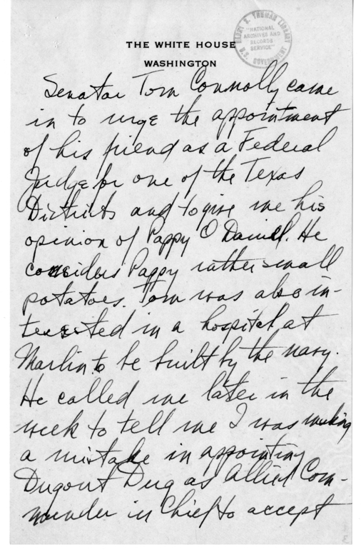 Longhand Note of President Harry S. Truman