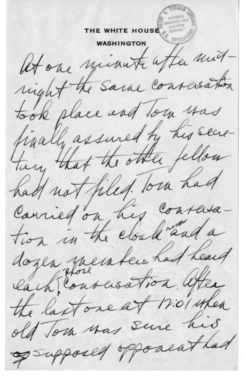 Longhand Note of President Harry S. Truman