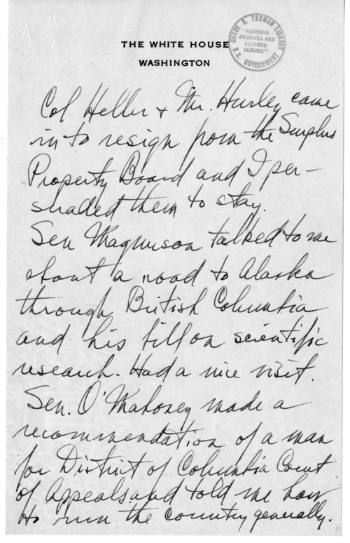 Longhand Note of President Harry S. Truman