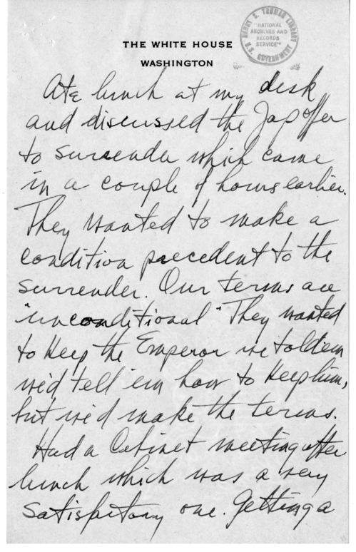 Longhand Note of President Harry S. Truman