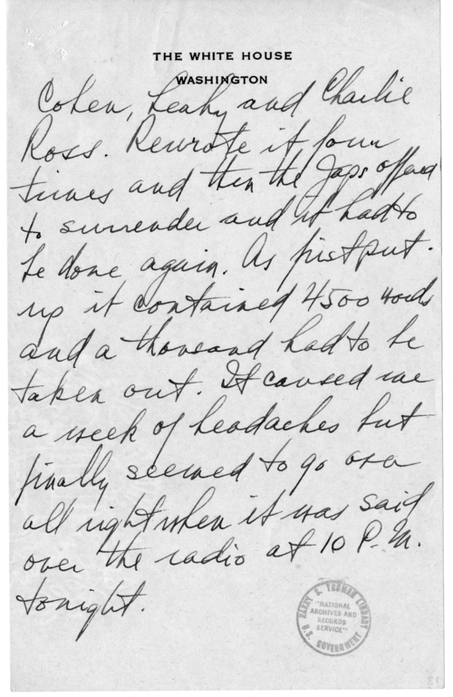 Longhand Note of President Harry S. Truman