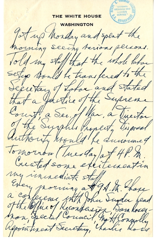 Longhand Note of President Harry S. Truman