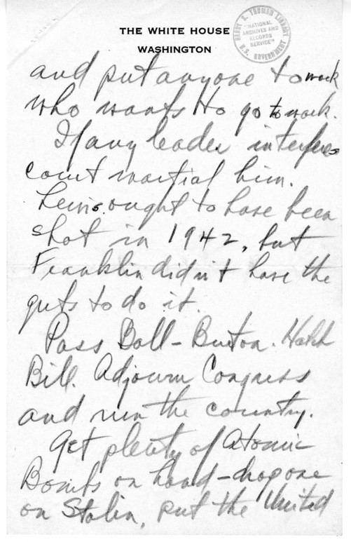 Longhand Note of President Harry S. Truman