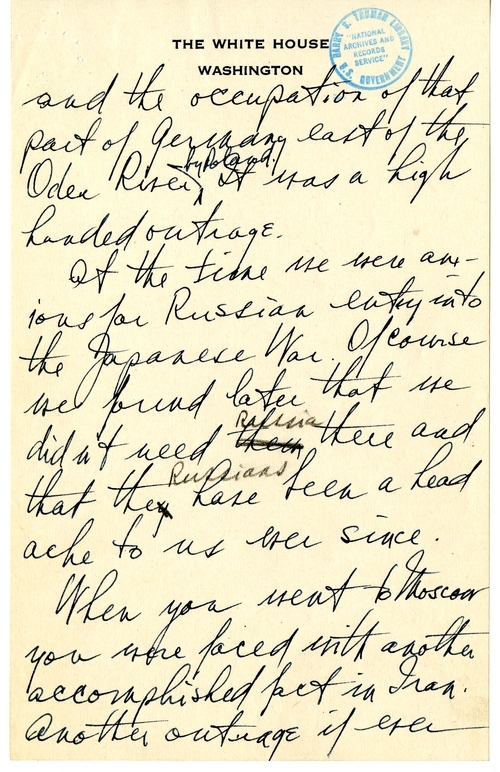 Longhand Draft Letter from President Harry S. Truman to Secretary of State James Byrnes