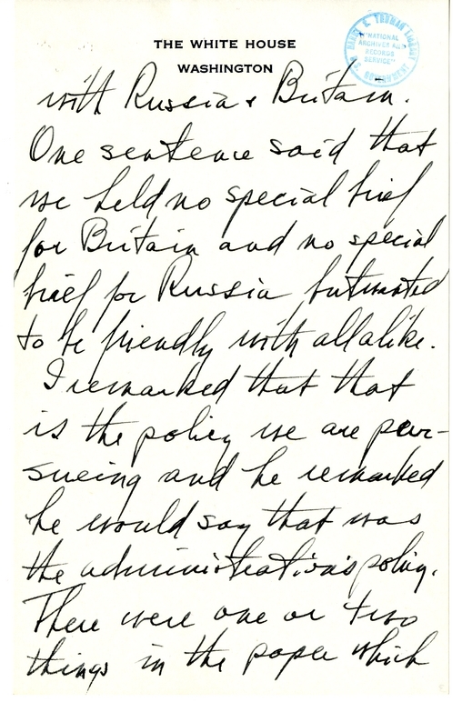 Longhand Note of President Harry S. Truman