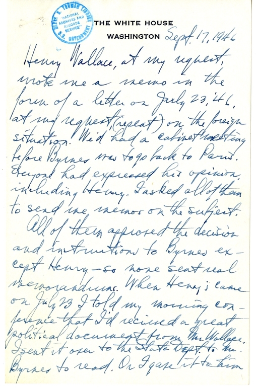 Longhand Note of President Harry S. Truman