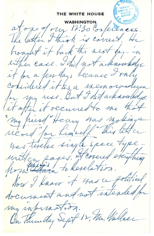 Longhand Note of President Harry S. Truman