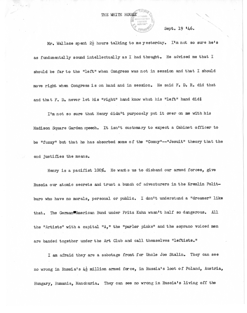 typed Note of President Harry S. Truman
