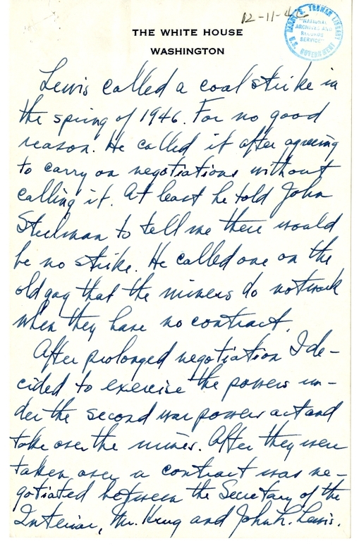 Longhand Note of President Harry S. Truman