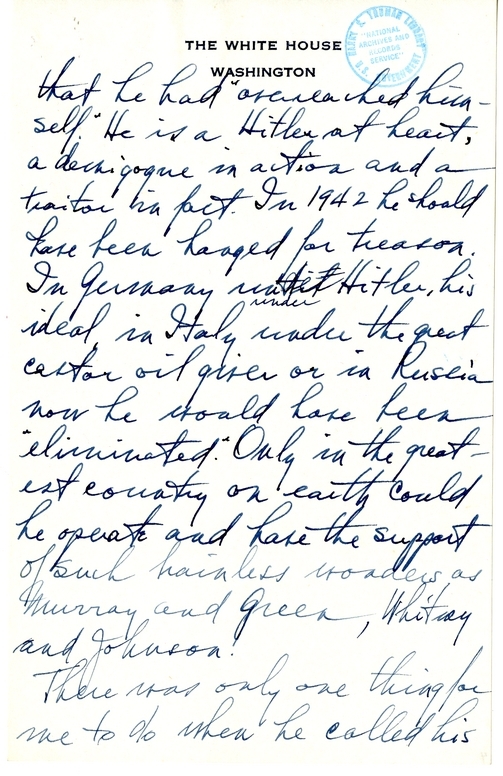 Longhand Note of President Harry S. Truman