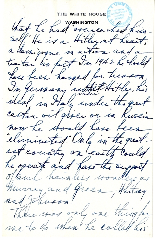 Longhand Note of President Harry S. Truman